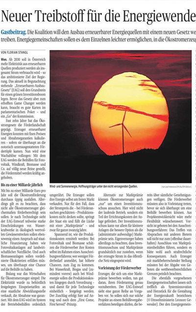 Neuer Treibstoff für die Energiewende: Gastbeitrag zum EAG in der Tagungszeitung Die Presse von Florian Stangl