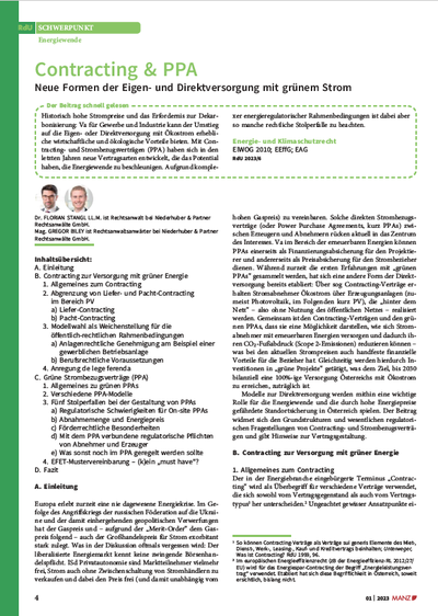 Contracting & PPA - Neue Formen der Eigen- und Direktversorgung mit grünem Strom