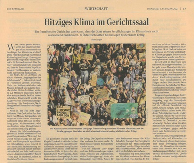 "Hitziges Klima im Gerichtssaal" - Artikel in der Tageszeitung Der Standard mit Florian Stangl